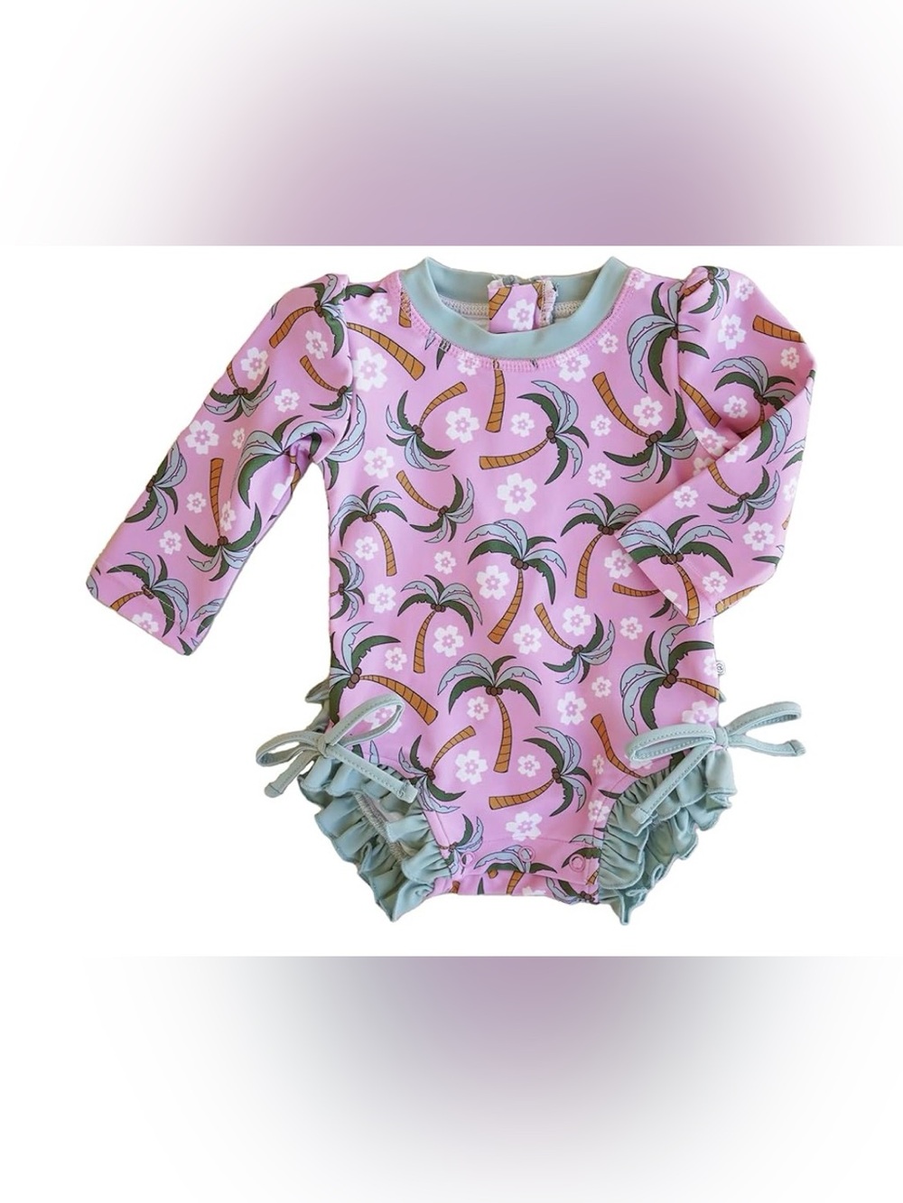 Caden Lane Pink and Sage Tropical Palm Ruffle Swimsuit